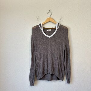 NWOT FRESH PRODUCE Long Sleeve Hooded Knit Sweater V-Neck in Taupe